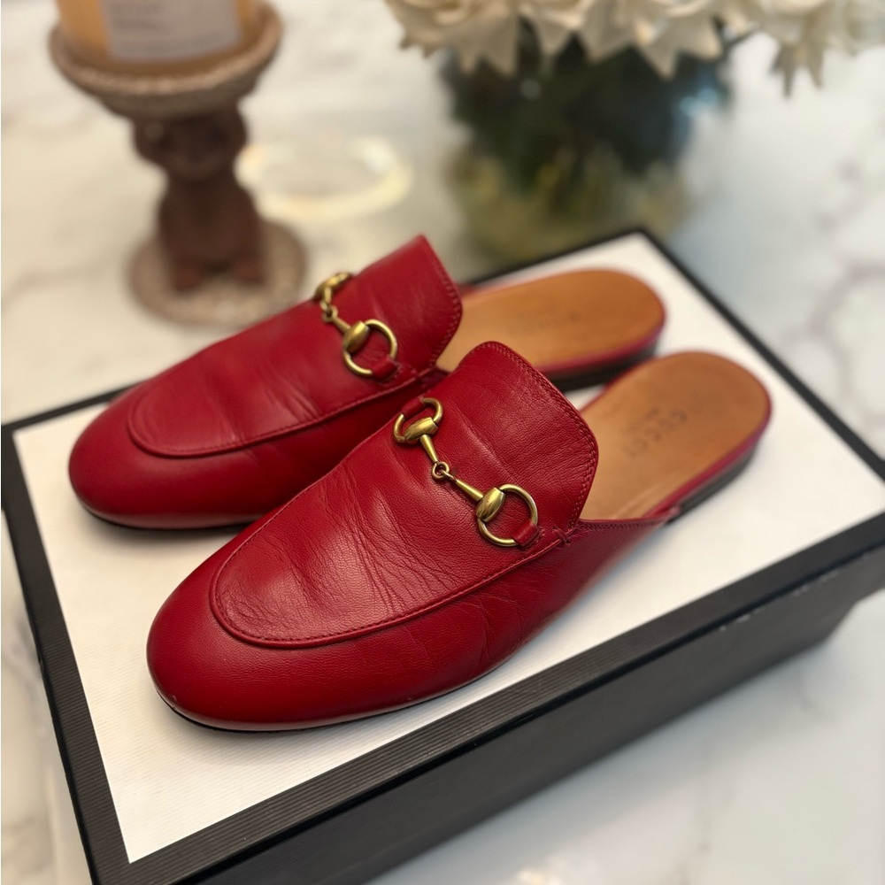 Gucci Red Leather Mules with Gold Hardware
